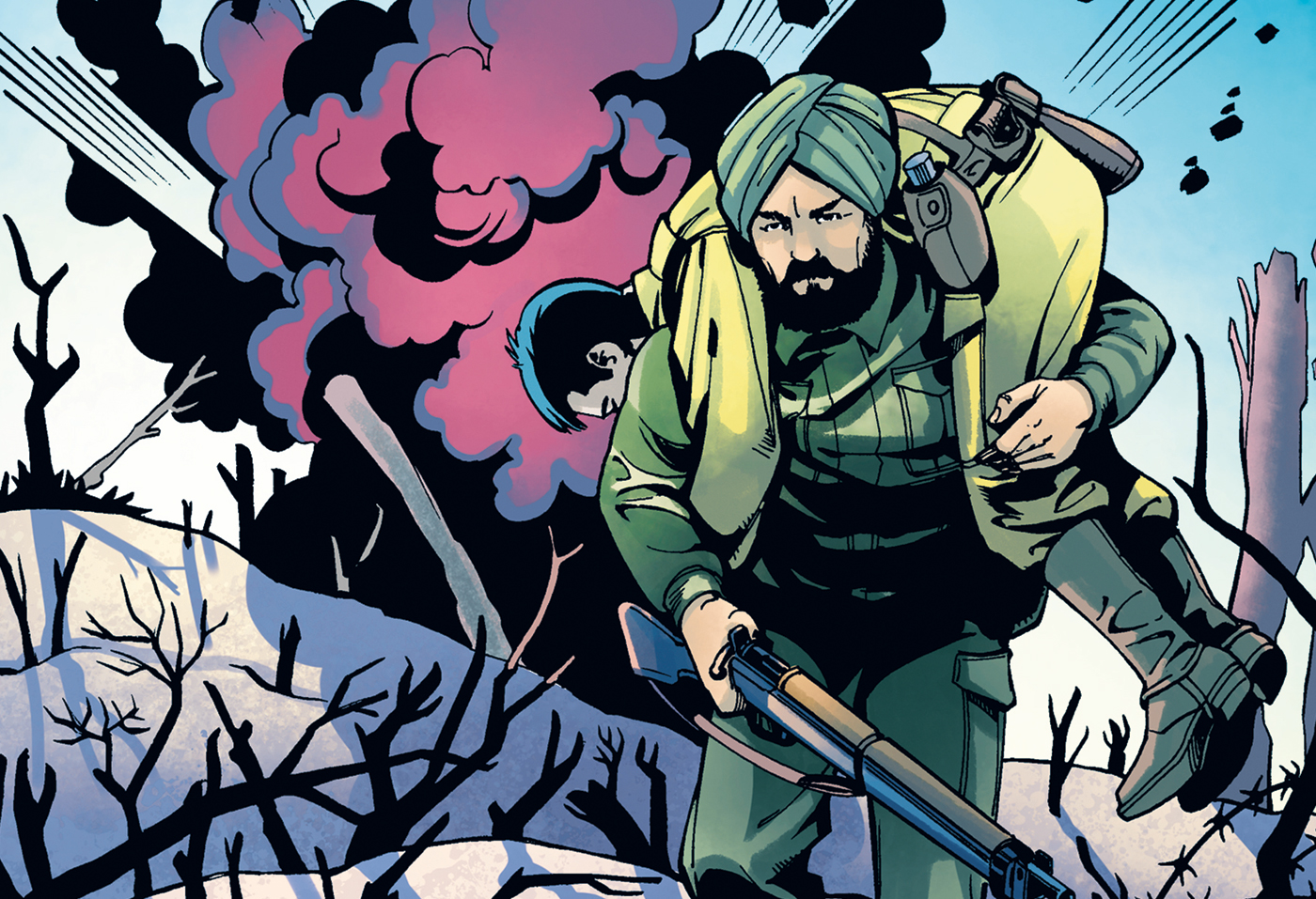 An artist’s depiction of the film Promises portrays an Allied soldier from India in action in the Second World War Battle of Monte Carlo in 1944. The Indus Media Foundation film production will portray the contributions made by South Asian soldiers during the war.