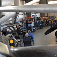 Military members past and present, following health and safety protocols, gathered at the B.C. Aviation Museum for a ceremony to commemorate the 100th anniversary of first trans-Canada flight. Photo by CFB Esquimalt Base Public Affairs