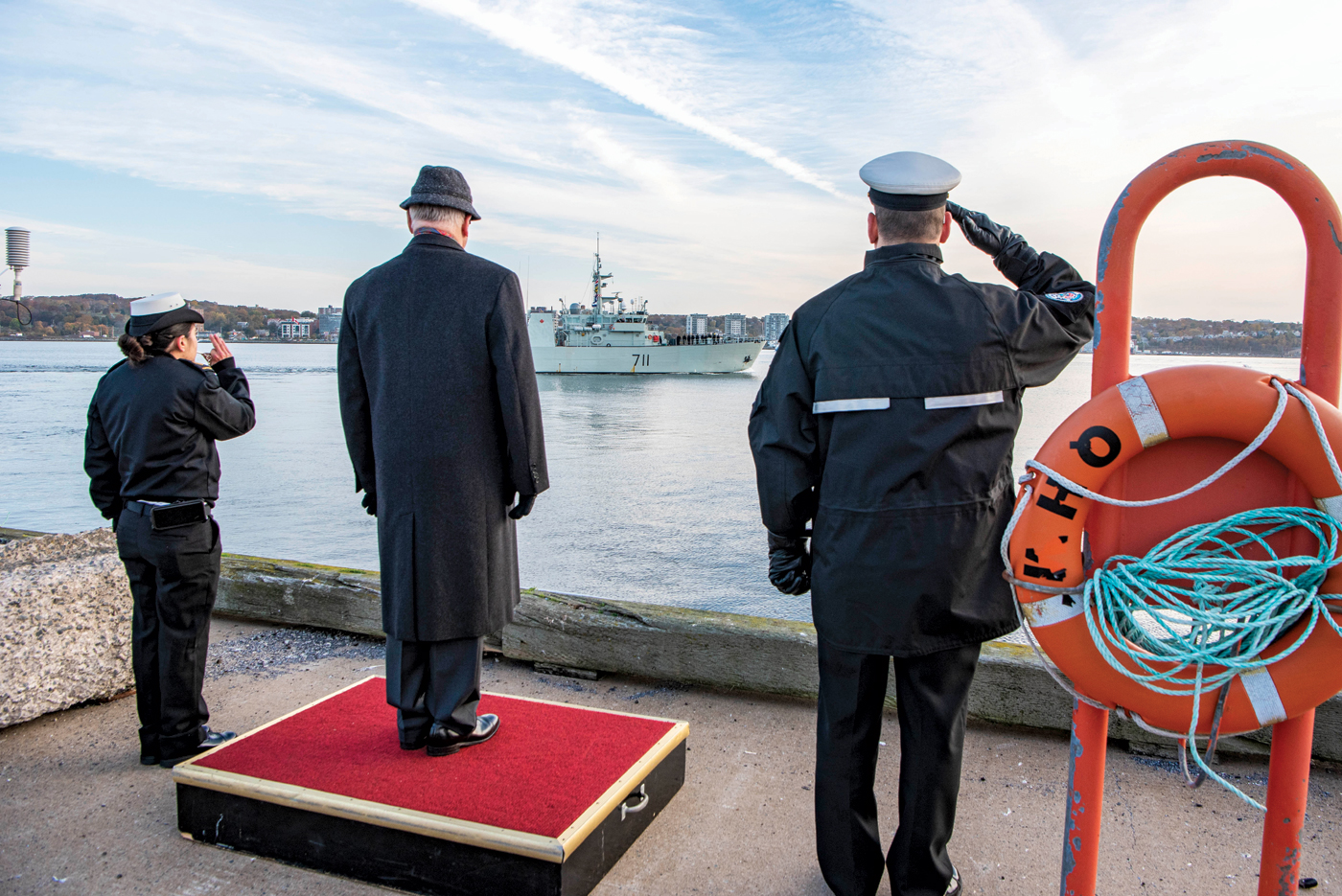 HMCS Summerside departs on 26 October. The Honorable Arthur J. Leblanc, ONS, QC, Lieutenant Governor of Nova Scotia and Commodore Richard Feltham, Commander Canadian Fleet Atlantic, takes the salute. Photo by Mona Ghiz, MARLANT Public Affairs