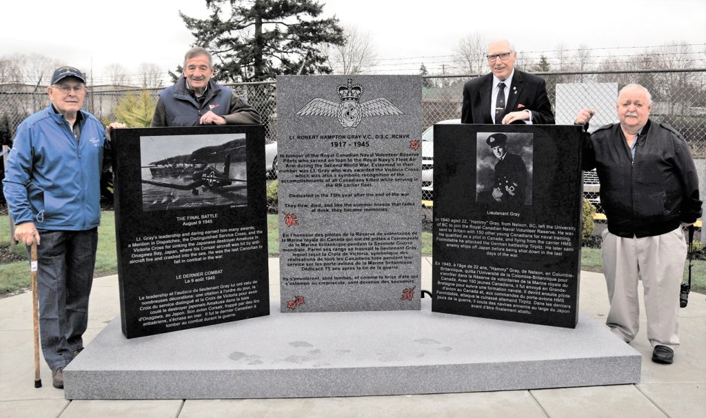 Four former navy members comprising the team responsible for completing the memorial for Robert Hampton Gray were on hand for the unveiling Jan. 5 at the BC Aviation Museum. From left: Stan Brygadyr, Project Secretary, Terry Milne,  Project Manager, Gerry Pash, Project Public Relations, and Joe Buczkowski, Project Originator. Robert Hampton Gray was a Canadian naval pilot killed on a raid of Japanese destroyer Amakusa during the Second World War and was Canada’s last Victoria Cross recipient.