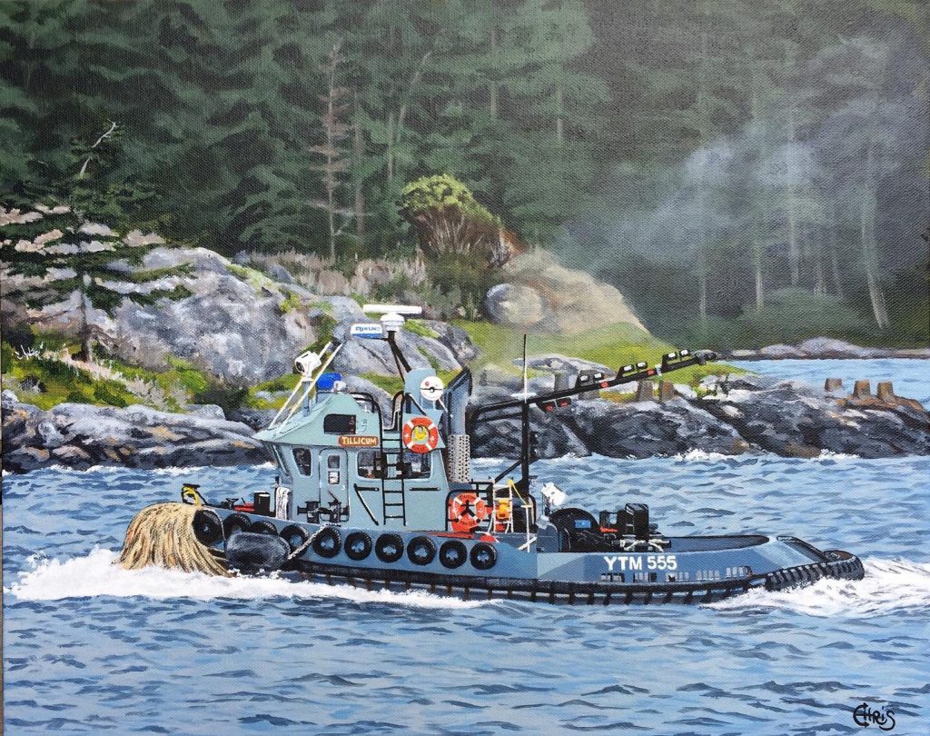 Artist Christina Morrison’s painting of Queen’s Harbour Master tug boat YTM 555 - CFAV Tillicum. 