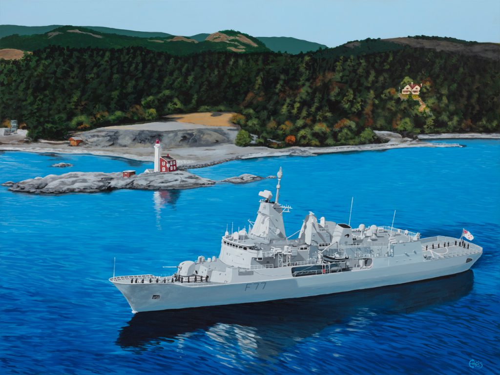 Artist Christina Morrison’s painting of Royal New Zealand Navy warship HMNZS Te Kaha passing Fisgard Lighthouse. Morrison, an employee of Seaspan Victoria Shipyards, was commissioned to do the painting following completion of extensive upgrades performed on the Anzac-Class frigate by her company. Credit: Seaspan Victoria Shipyards