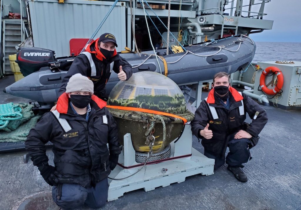 The HMCS Summerside team tasked with recovering a runaway buoy, from left: S1 Bruce, S1 Freeman, and S2 Hynes. Photo by S1 Pollitt, HMCS Summerside