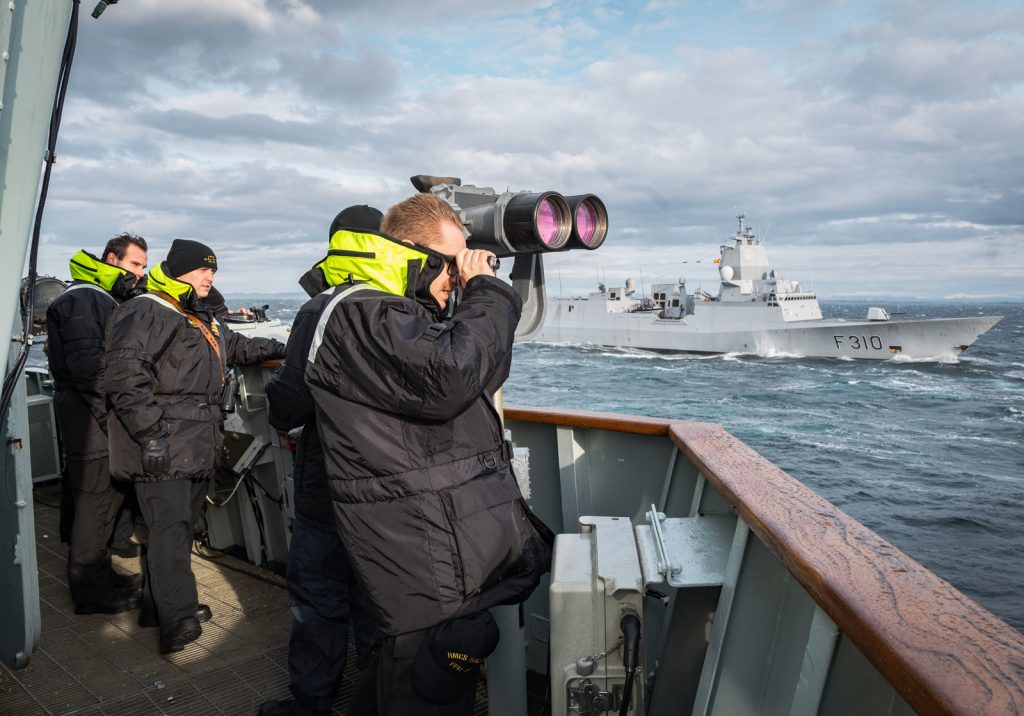 Royal Norwegian Navy Frigate HNoMS Fridtjof Nansen and HMCS Halifax conduct Replenishment-at-Sea (RAS) in the Norwegian Sea on Feb. 18, during Task Group 21-1. Photo by S1 Bryan Underwood