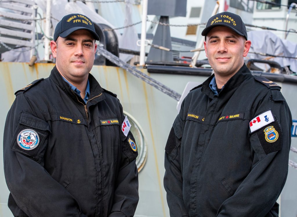 Sailors First Class Triston (left) and Anton Manson have followed similar paths in life, and the brothers are currently posted to HMCS Toronto. Photo by Mona Ghiz, MARLANT PA