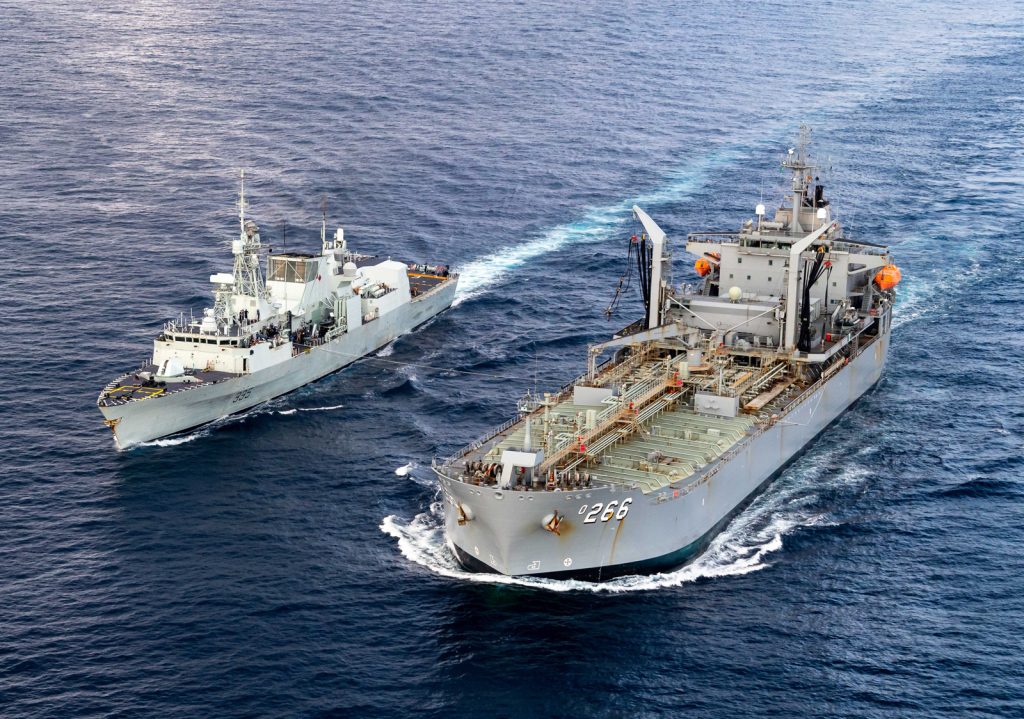 HMCS Calgary conducts a Replenishment at Sea, receiving fuel from HMAS Sirius in the Indian Ocean April 8. Corporal Lynette Ai Dang, HMCS Calgary Imagery Technician