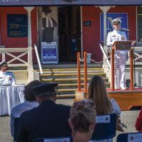 Capt(N) Jeff Hutchinson addresses the crowd gathered on museum square July 15 following the change of command of CFB Esquimalt. The speech marked his first as the new Base Commander. Photo by S1 Mike Goluboff, MARPAC Imaging Services, Esquimalt