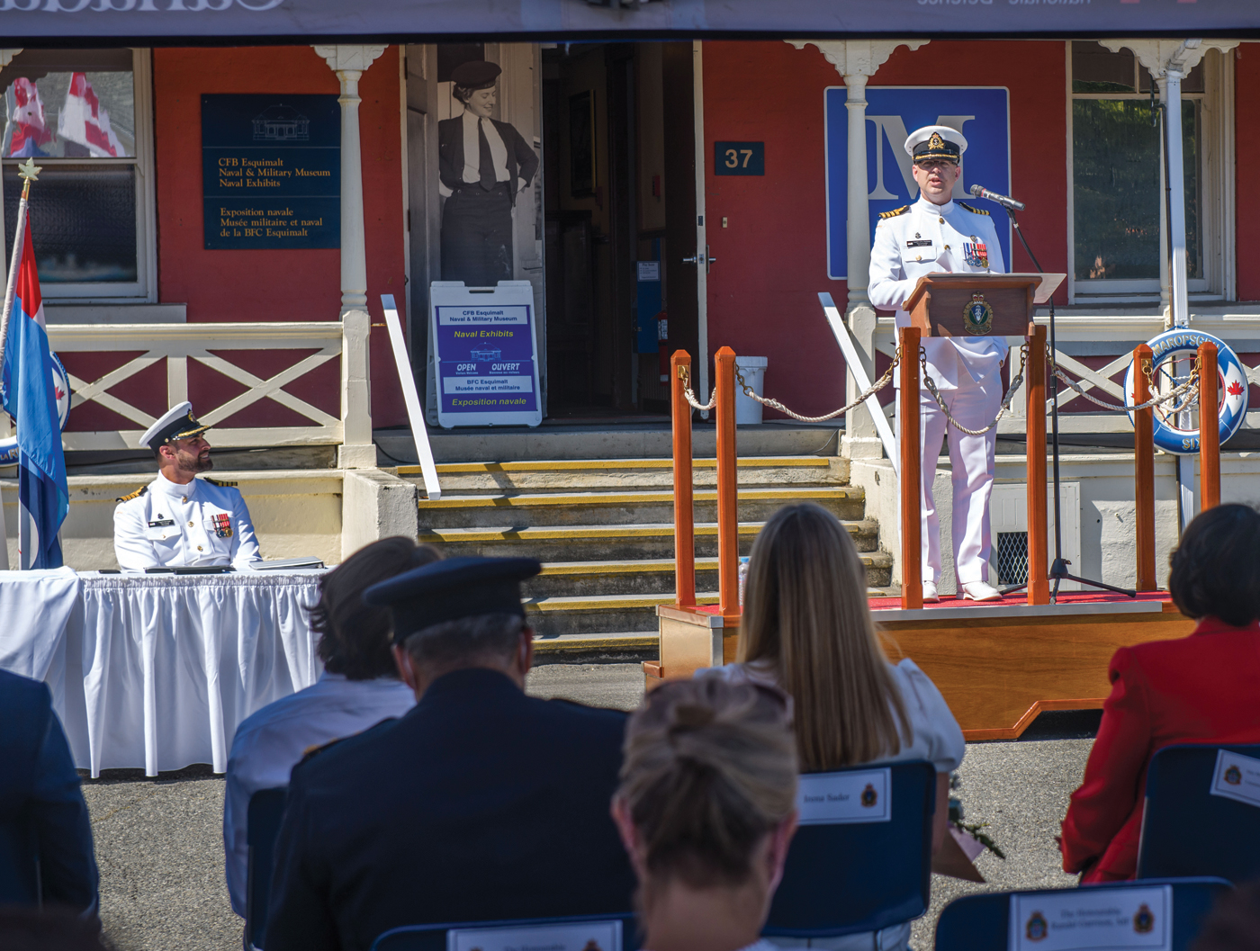 Capt(N) Jeff Hutchinson addresses the crowd gathered on museum square July 15 following the change of command of CFB Esquimalt. The speech marked his first as the new Base Commander. Photo by S1 Mike Goluboff, MARPAC Imaging Services, Esquimalt