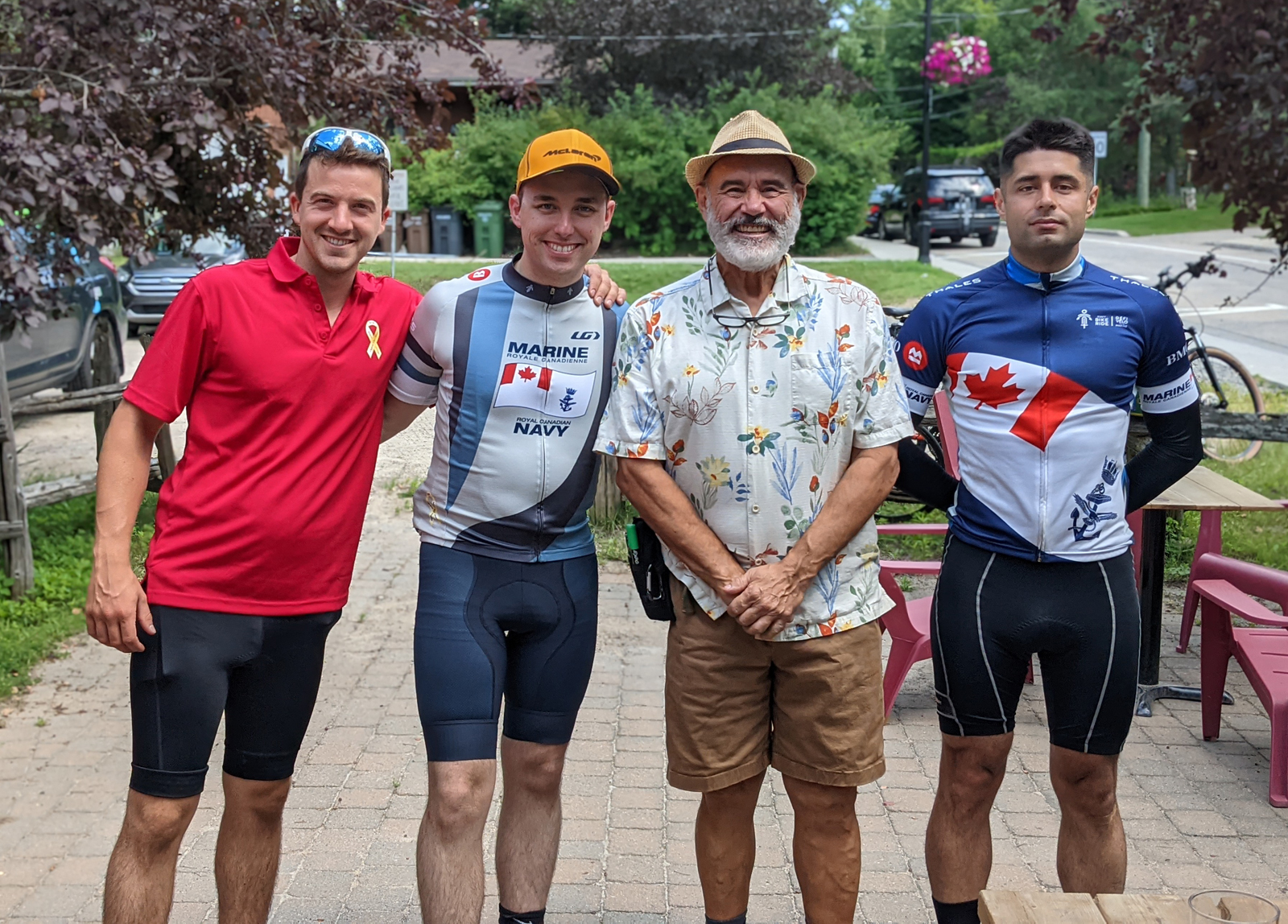 Cyclists from Team HMCS Donnacona pose for a group photo before their Navy Bike Ride trek in Mont-Tremblant on July 22. From Left: Team members Gabriel Fontaine, Mikey Colangelo Lauzon and Philippe Gagnon are joined by Maj (ret’d) Pierre Carron who was there to wish them good luck on their journey. Photo by Mikey Colangelo Lauzon