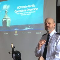 Rear-Admiral Chris Robinson, Commander Maritime Forces Pacific, addresses the Royal United Services Institute – Vancouver Island. Photo: Lieutenant-Commander (ret’d) Paul Seguna, RUSI-VI