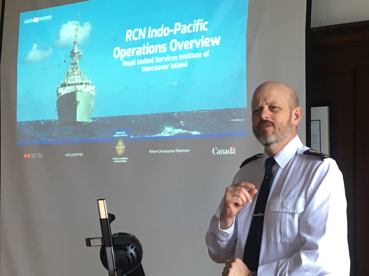 Rear-Admiral Chris Robinson, Commander Maritime Forces Pacific, addresses the Royal United Services Institute – Vancouver Island. 
Photo: Lieutenant-Commander (ret’d) Paul Seguna, RUSI-VI