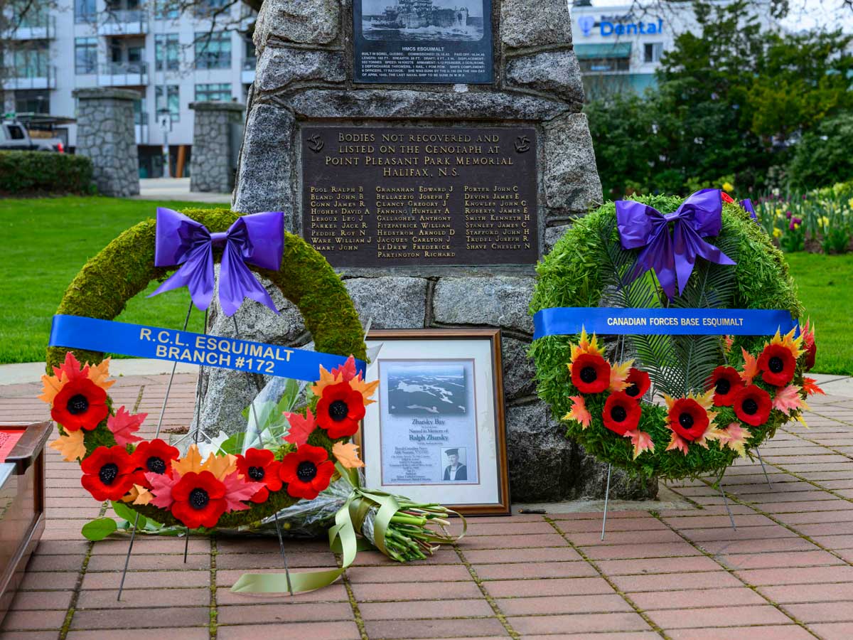 A picture of the His Majesty's Canadian Ship (HMCS) Esquimalt Cenotpah after the memorial service with the wreaths laid next to it, on April 16th, 2023.
 
Please credit: Corporal Tristan Walach, Canadian Armed Forces Photo