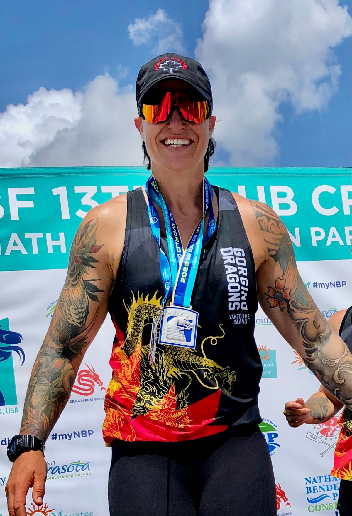 Allison Verley is all smiles with her silver medal at the 2022 Club Crew World Dragon Boat Championships in Sarasota, Florida this past August where Allison Verley medalled in the premier division, receiving gold in the 2,000m and silver in both the 200m and 500m.