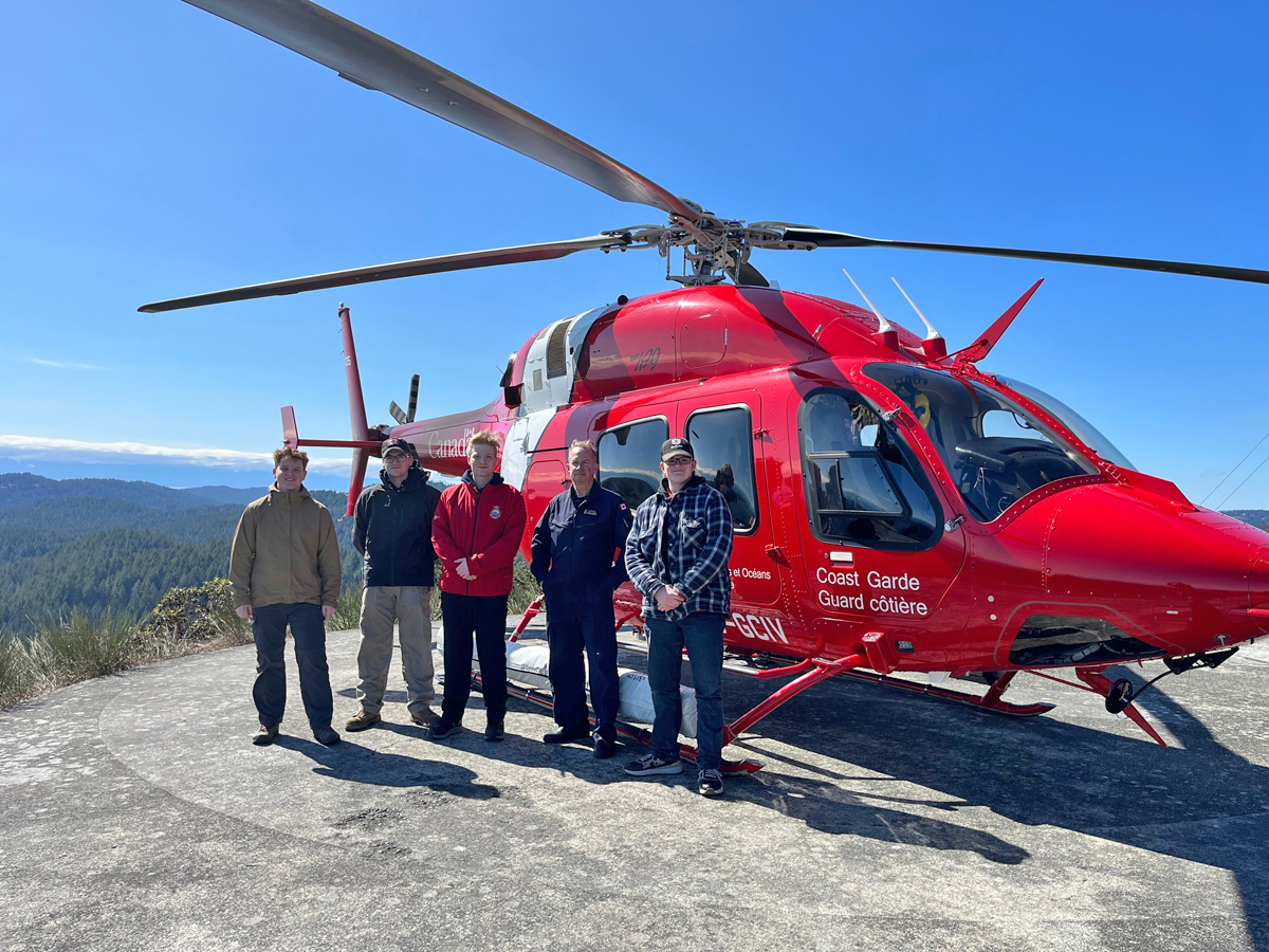 Cadets and a Junior Canadian Ranger from across B.C. take a helicopter trip to Mount Helmcken to visit a Canadian Coast Guard tower as part of a multi-agency exercise on March 30 off the coast of the Trial Islands. Photo supplied