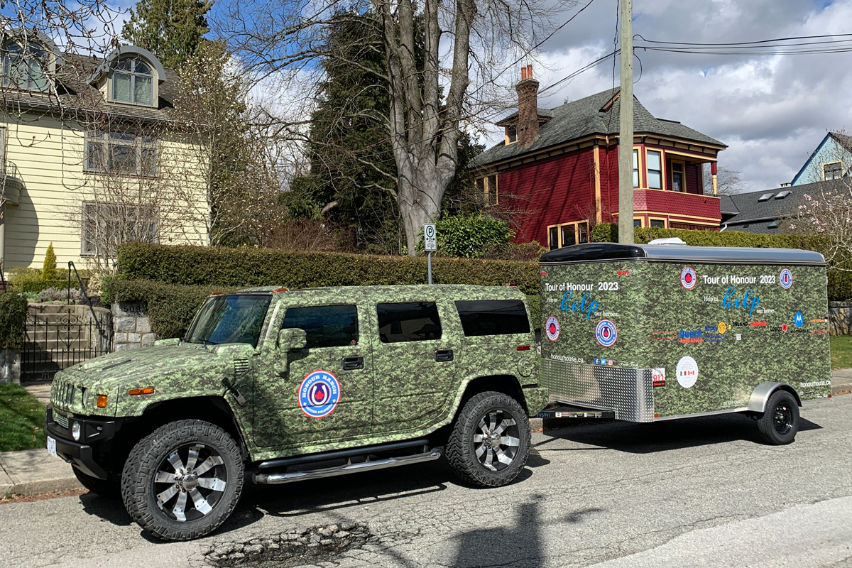A 2005 GMC Hummer and box trailer parked in front of Honour House in New Westminster, B.C. The City of New Westminster Police Department loaned the vehicle and trailer to the Honour House Society for its ongoing tour of B.C. and the Yukon. Photo: Honour House Society