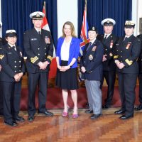 MLA Susie Chant, Minister Mitzi Dean, and HMCS Malahat and HMCS Discovery members pose for photos at a ceremony recognizing the Naval Reserve’s Centennial year on Apr. 26. Photo: Lt (N) Smith