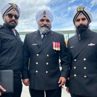 Lieutenant (Navy) Harjot Deol, Petty Officer First Class Kanwar Nijjer, and Sub-Lieutenant Mehak Dhinsa attend Khalsa Day celebrations at Victoria's Gurdwara Singh Sabha temple on Apr. 30. Photo: HMCS Malahat.