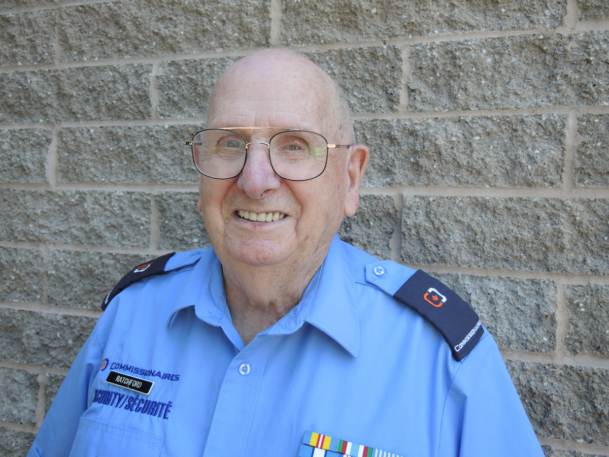 Major (ret'd) Gerry Ratchford, a commissionaire at CFB Esquimalt, recently celebrated his 95th birthday. Ratchford says he loves his job and has no plans for retirement any time soon. Credit: Peter Mallett/Lookout Newspaper