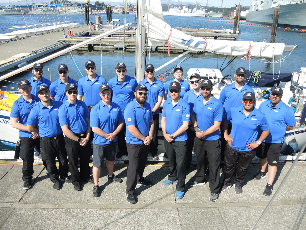 Members of the Van Isle 360 racing team pose for a team picture during a training session in Esquimalt. The military members are competing aboard Sail Training Vessels Tuna and Goldcrest June 3-17 in a race around Vancouver Island. Photo: Peter Mallett/Lookout