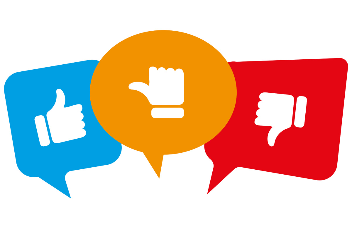 Speech bubbles with thumbs up and down in the middle. Pointing hand gesture. Vector illustration