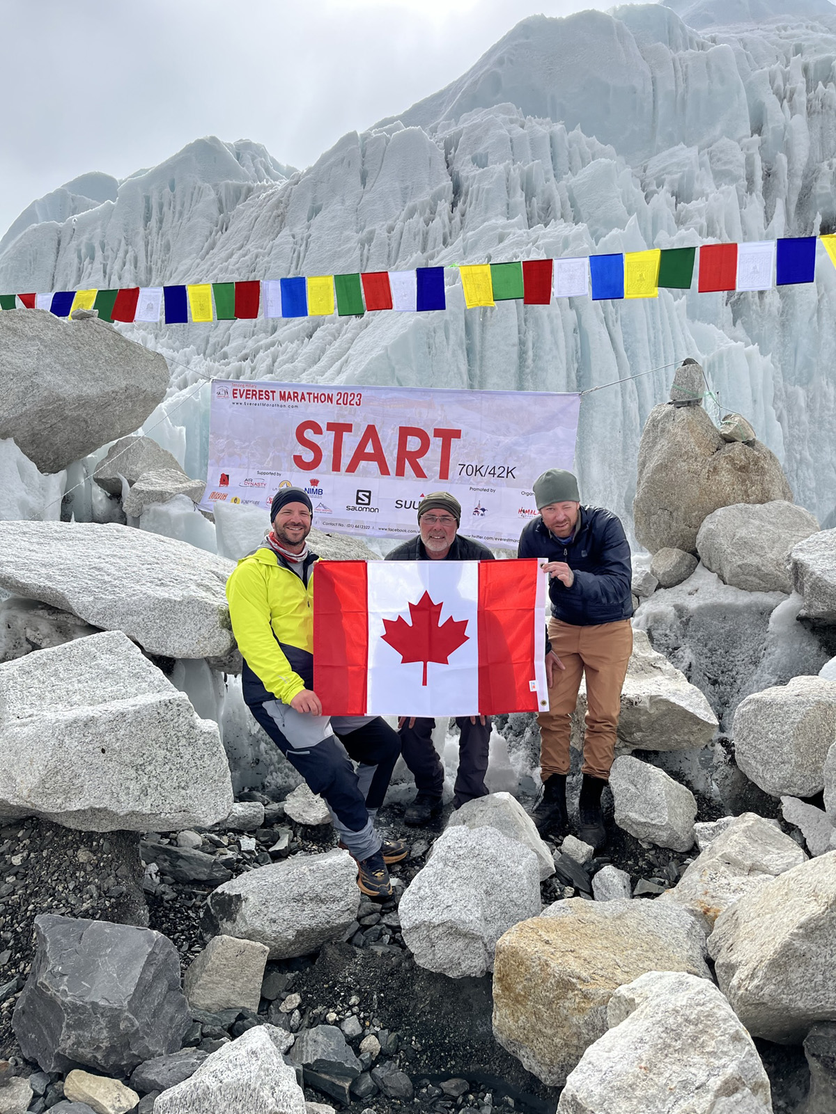 Sergeant Quinn Musgrave (right), retired Corporal Mike Musgrave, and Greg Schnarr, family friend, get ready for the Tenzing Hilary Everest Marathon at the Khumbu Icefall, Nepal.