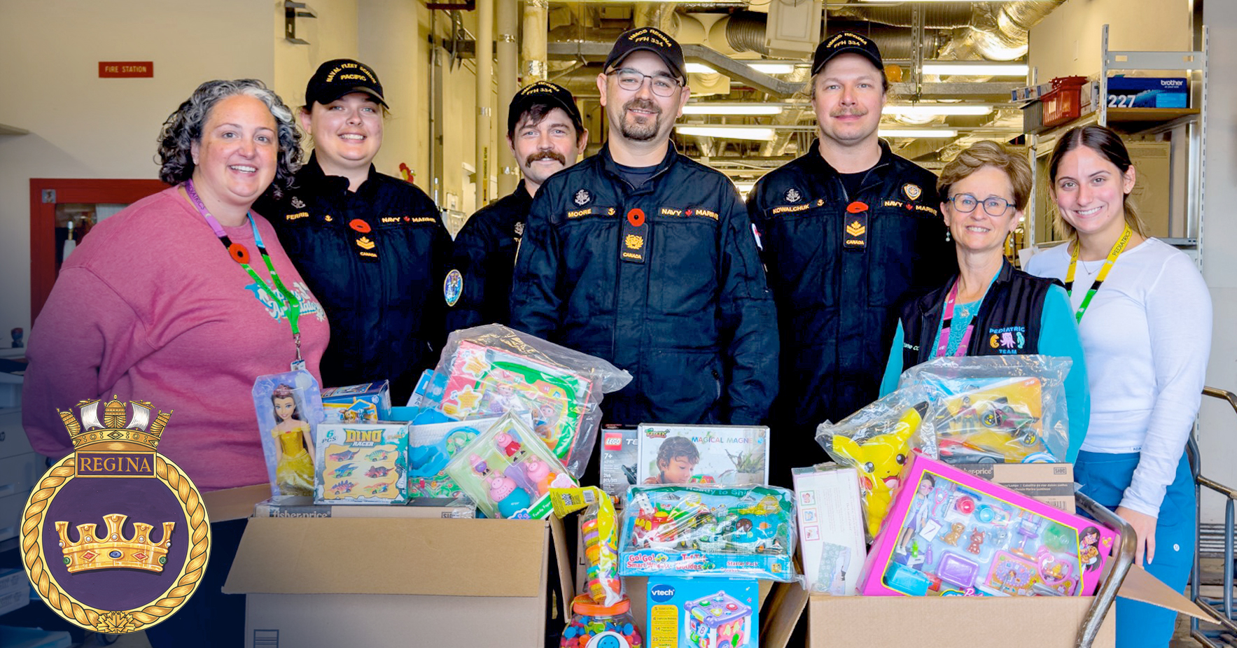 Angela Morehouse (left), Diane Edwards (second from right) and Daniella Palmieri (right), Victoria General Hospital Child Life Department Staff, accept a $4,000 delivery of toys and gift cards from Master Sailor (MS) Kayleigh Ferris of Naval Fleet School (Pacific) and HMCS Regina members Sailor First Class Billy Turner, Chief Petty Officer Second Class Trevor Moore and MS Zachary Kowalchuk. Monies raised for the donation came through the ship's Dave Barber Charity, named in honor of the ship's former Fire Control and Radar Technician who died of Leukemia in 1997. Credit: HMCS Regina