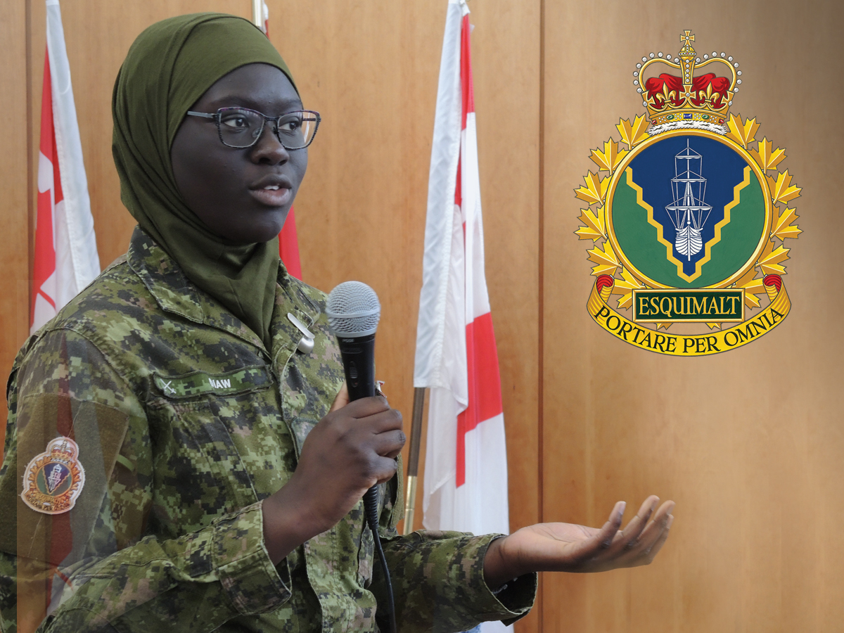 Private Assietou Diaw of Base Administration addresses the crowd during a Black History Month presentation at the Nelles Block Dining Room, Feb. 22. Photo: Peter Mallett/Lookout
