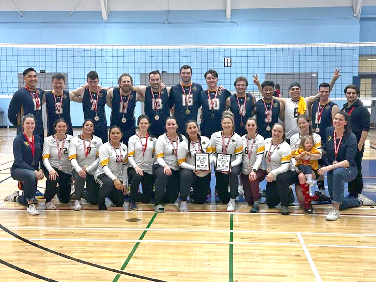 Members of the Esquimalt Tritons women’s and men’s volleyball teams celebrate their Canada West Regional Volleyball Championship victories, Feb. 16 in Winnipeg, Man. The women defeated Edmonton 3-1 in their gold medal game while the men recorded a 3-0 win over Cold Lake.
