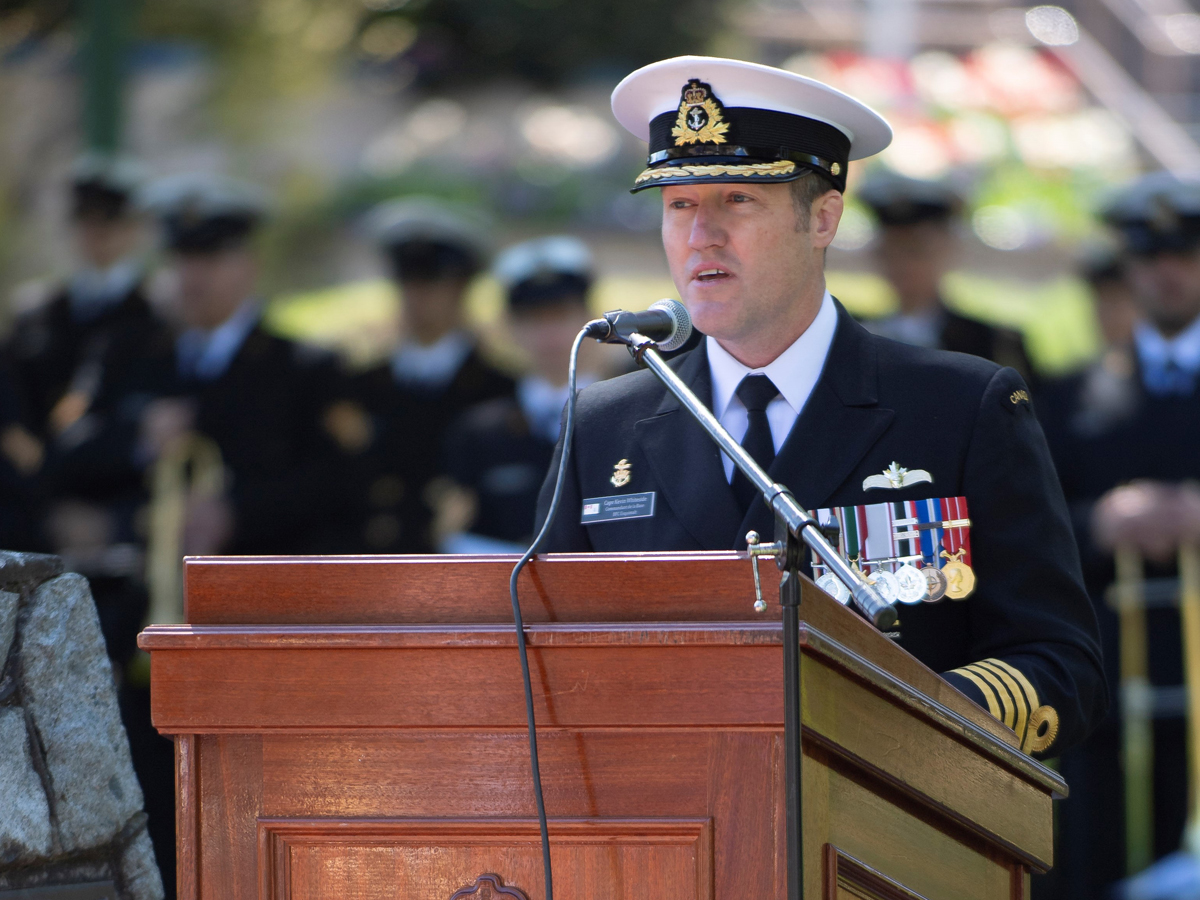 Capt(N) Whiteside addresses the audience during the HMCS Esquimalt Memorial Service on Apr. 16 at Esquimalt’s Memorial Park. Photo: Master Sailor Valerie LeClair, MARPAC Imaging Services
