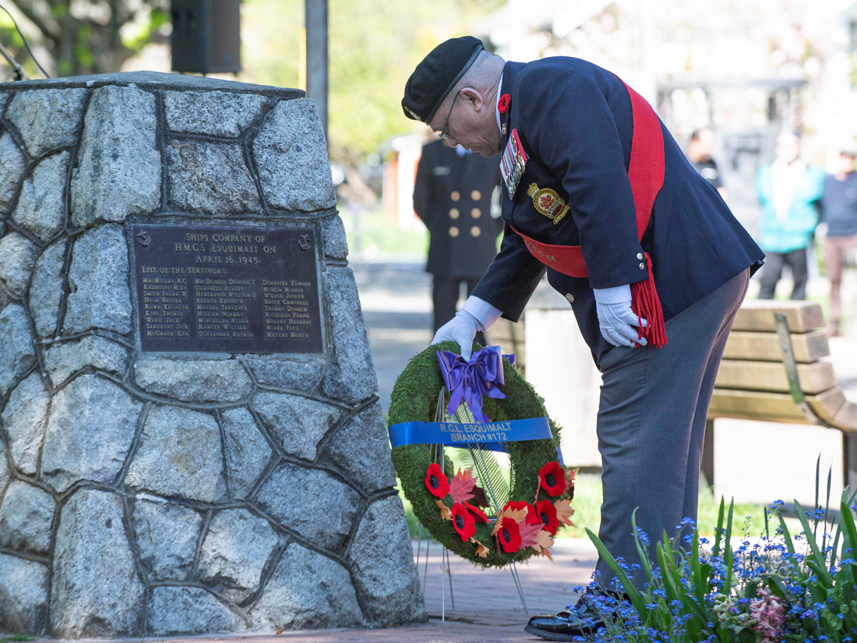 Esquimalt Legion Sgt-at-Arms Sean Guadet lays a wreath during the service. Photo: Master Sailor Valerie LeClair, MARPAC Imaging Services.