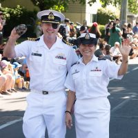 Captain (Navy) Kevin Whiteside, Canadian Forces Base (CFB) Esquimalt Base Commander, and Chief Petty Officer 1st Class Sue Frisby, CFB Esquimalt Base Chief, march in the parade at Buccaneer Days on May 11. Photos: Master Corporal Nathan Spence, Maritime Forces Pacific Imaging Services.