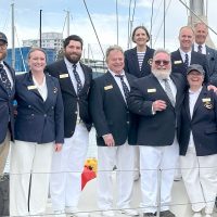 CFSA leadership past and present gather for a group photo on the jetty. (Top Row from Left) Ginette Gibeault, Membership Chair, Kurtis Paddle, Rear Commodore, Bjarne Hansen, Foreshore Team Lead. (Bottom Row) Brendan Carver, Treasurer, Bethany Devlin, Entertainment Chair, Master Sailor Ben Sproule, Commodore, Ray Weisgerber, Communications Chair, Chief Petty Officer 2nd Class (ret’d) David Mitchell, Past Commodore, Leslie Basham, Fleet Captain, Barry White, Small Boats Chair.