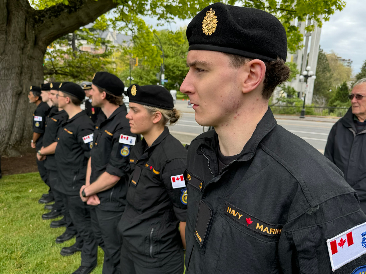 Sailor 3rd Class (S3) Elliot Beels (right) and S3 Isabelle Maguet (left) stand in formation next to HMCS Malahat’s other junior members during the Battle of the Atlantic Sunday service in downtown Victoria on May 5. Photo: Lt(N) Donald Den, HMCS Malahat PAO