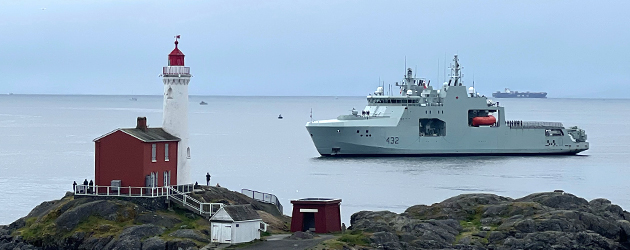 His Majesty’s Canadian Ship Max Bernays navigates past Fisgard Lighthouse in Esquimalt Harbour during the final leg of the ship’s coastal transfer to Canadian Forces Base Esquimalt on May 4, 2024. Photo Credit: Jazmin Holdway, Lookout Newspaper.