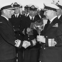Rear-Admiral Hugh F. Pullen (left) shakes hands with Vice-Admiral Harry DeWolf. Photo supplied.