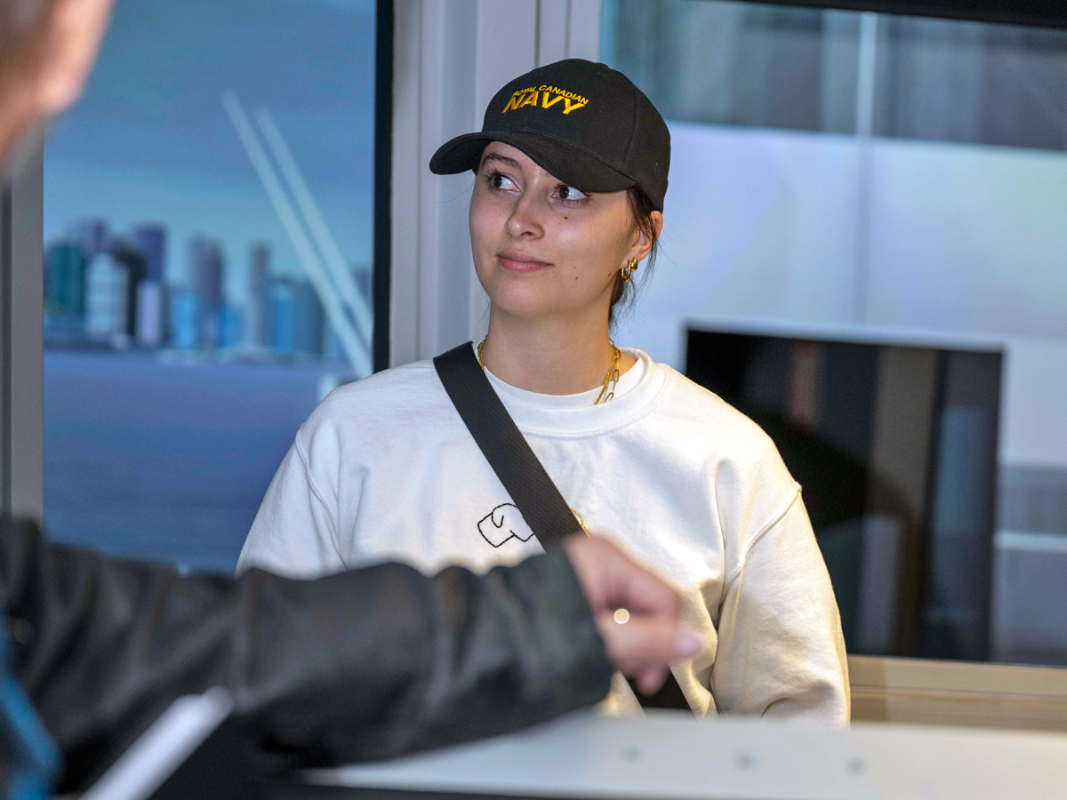 Claire Dickson, University of Calgary student, visited CFB Esquimalt as part of the Canadian Students at Sea program. Photo: Corporal Tristan Walach, MARPAC Imaging.