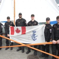 Members of the Victory Oar Duff racing team gather for a team photograph on Apr. 10 at the Seamanship Training Centre in Naden. (L-R): Lieutenant (Navy) (Lt(N)) Jeff Phillips, Lt(N) Ellery Down, Acting Sub-Lieutenant (A/SLt) Benjamin Roth, Sailor 1st Class (S1) Evan Helgason-Thorpe, A/SLt Maxwell Lucas, and S1 Maxime Vandal. Photo: Peter Mallett/Lookout Newspaper.